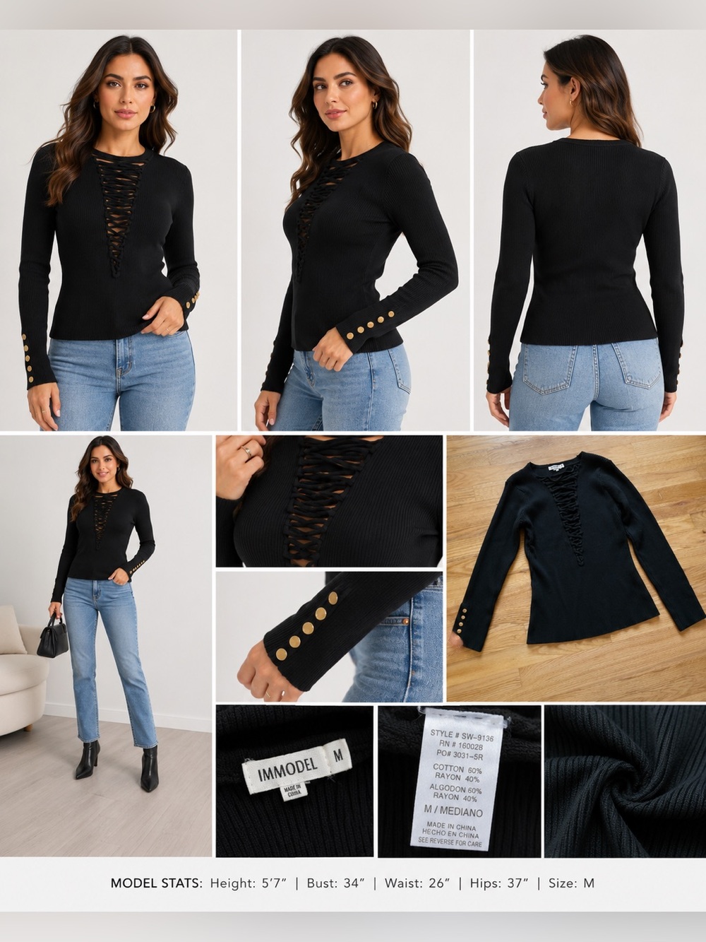 MMODEL Black Ribbed Knit Sweater Top Braided Front Detail Gold Button Sleeves